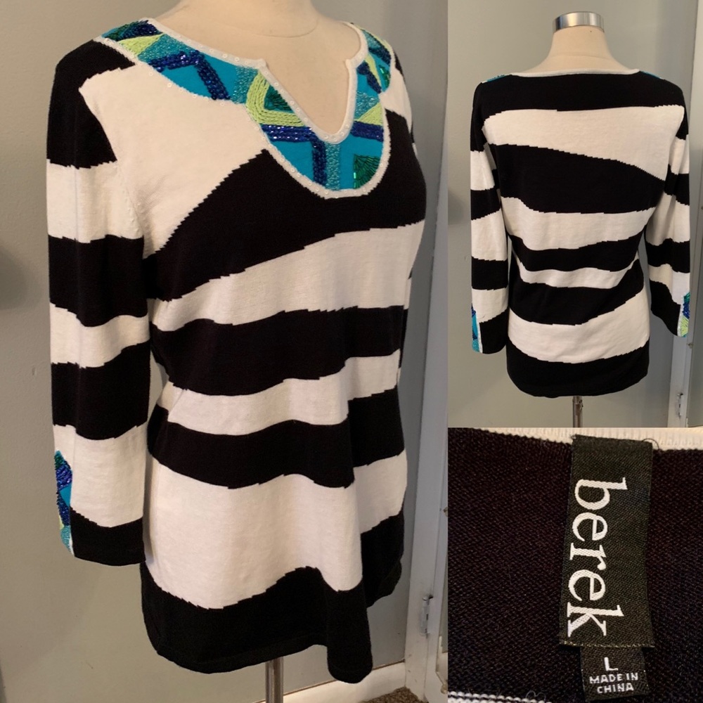 Women’s Black & White zebra striped Beaded Sweater Sz L BEREK
